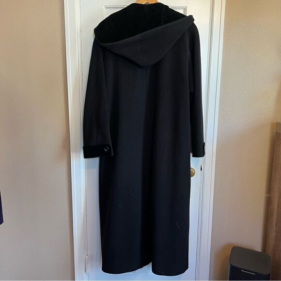 Vintage Black Lambswool Forecaster Velvet Trimed Hooded Long Trench Coat (10) - Picture 4 of 14
